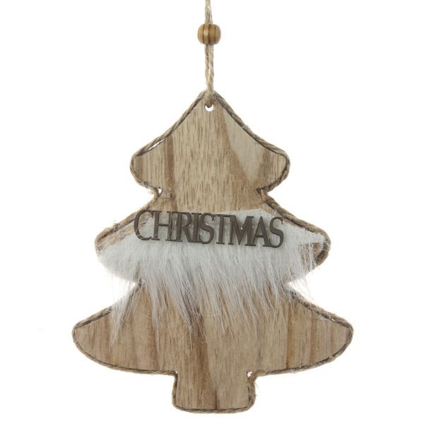 Χριστουγεννιάτικο Κρεμαστό Ξύλινο Δέντρο, με Λευκή Γούνα  (14 cm)